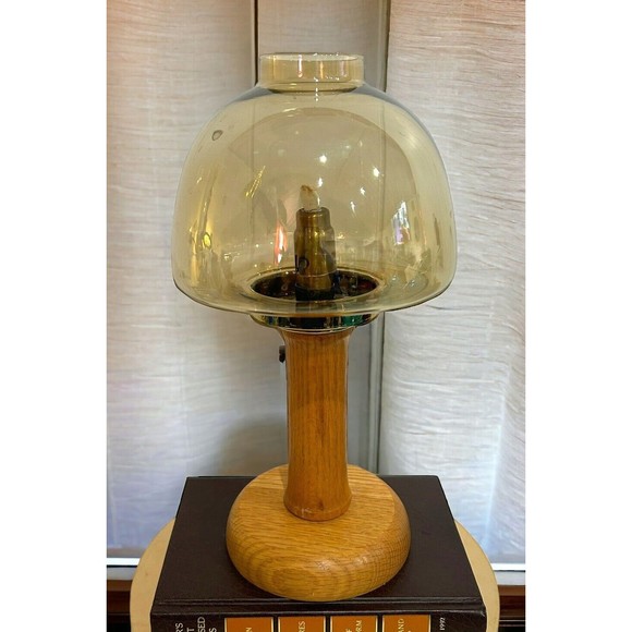 Vtg Jakobsson Style Candlestick Holder Wood And Brass Mushroom Shade Swedish MCM - Picture 1 of 15